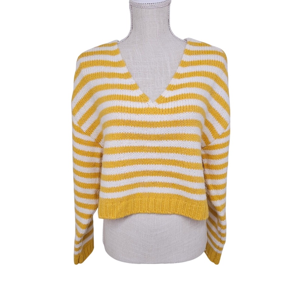 Hurley Womens Cropped Sweater Yellow White Striped V-Neck Knit Size M